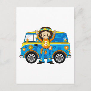 Carte Postale Caricature 60 Peace Hippie et Van