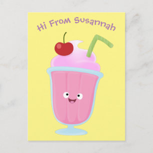 Carte Postale Caricature de crème glacée de fraise mignonne