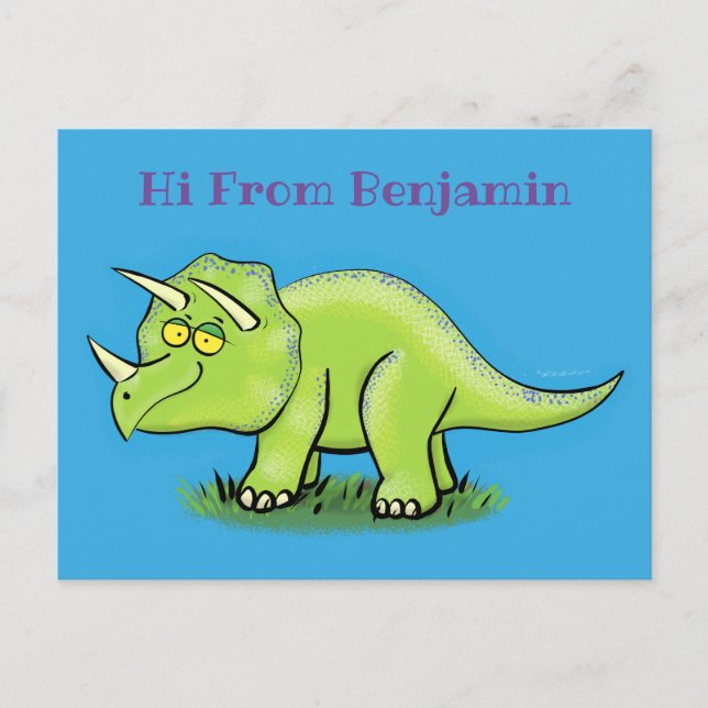 Carte Postale Caricature de dinosaure de triceratops vert mignon (Devant)
