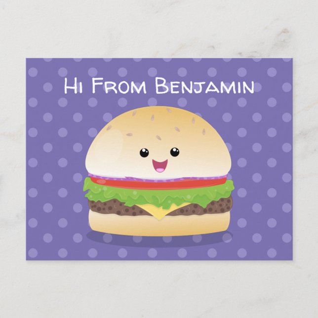 Carte Postale Caricature de hamburger kawaii joyeux (Devant)