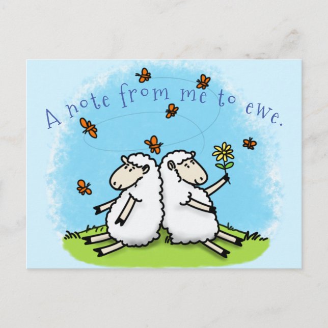 Carte Postale Caricature de moutons mignons amis et papillons (Devant)