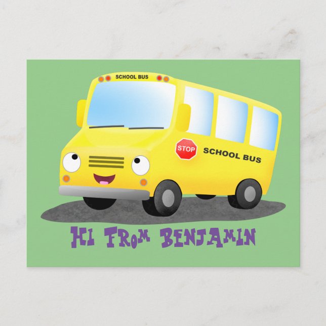 Carte Postale Caricature du bus scolaire jaune joyeux (Devant)