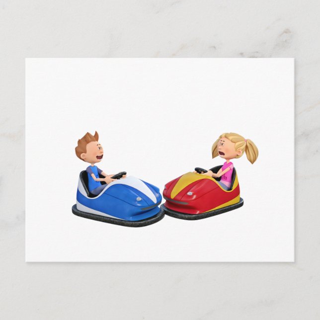 Carte Postale Caricature garçon et fille en Bumper Cars (Devant)