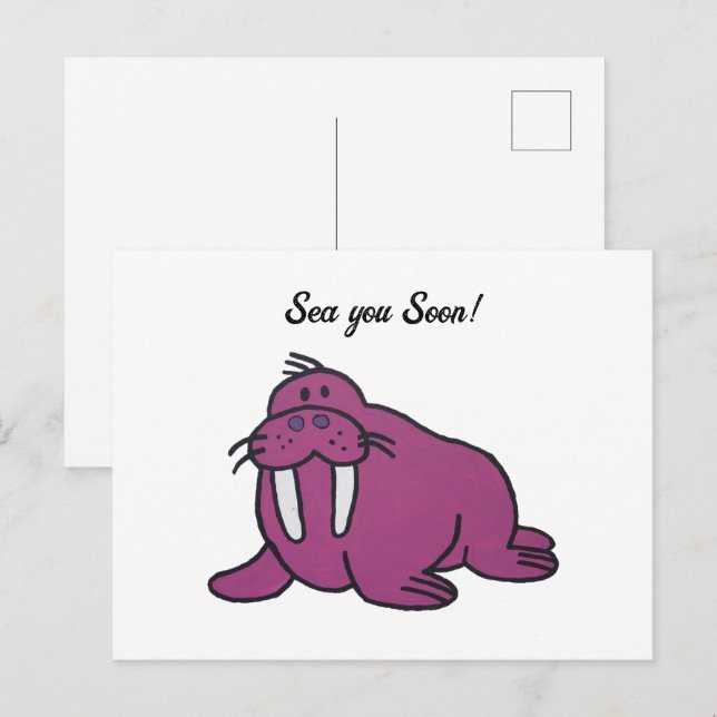 Carte Postale Caricature mignonne de Walrus mauve, nature océani (Devant / Derrière)