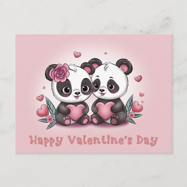 Carte Postale Caricature mignonne Panda Les amoureux Coeurs Sain (Devant)