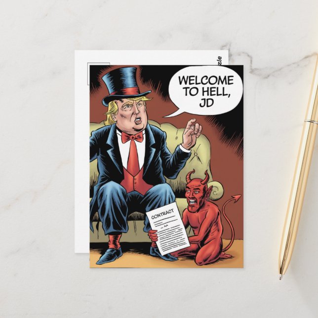 Carte Postale Caricature Trump Bienvenue à Hell JD (Devant/Arrière en situation)