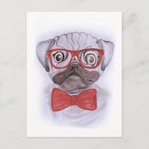 Carte Postale Carlin d'aquarelle drôle mignon avec lunettes roug