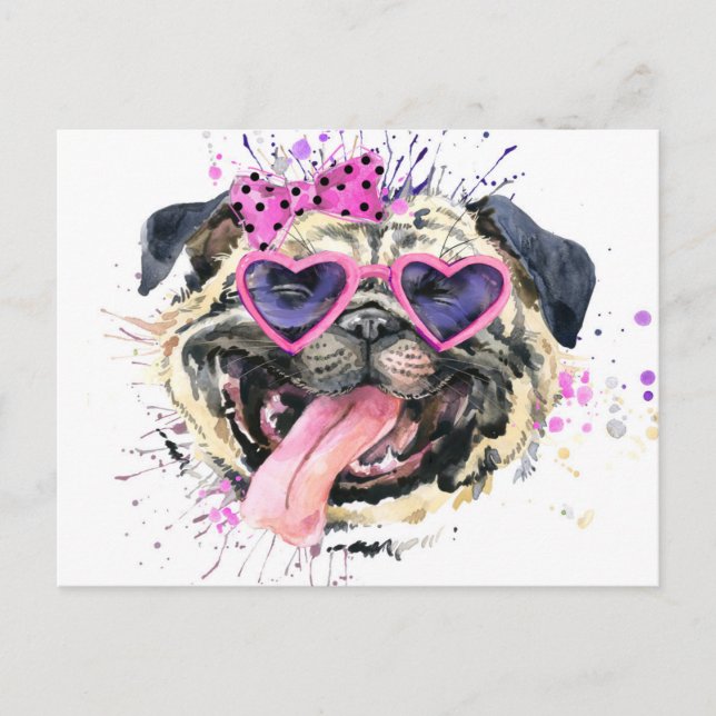 Carte Postale Carlin d'aquarelle rose (Devant)