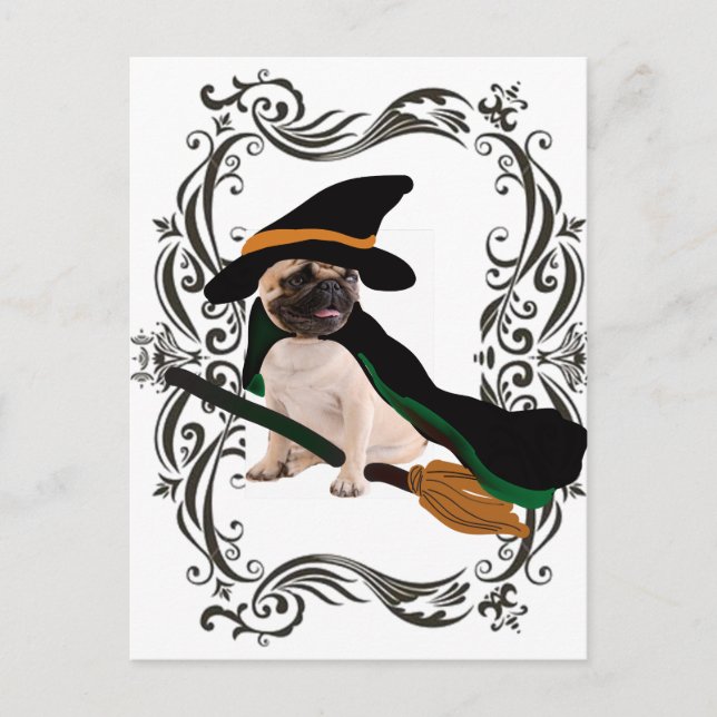 Carte Postale carlin de sorcière à balai volant halloween heureu (Devant)