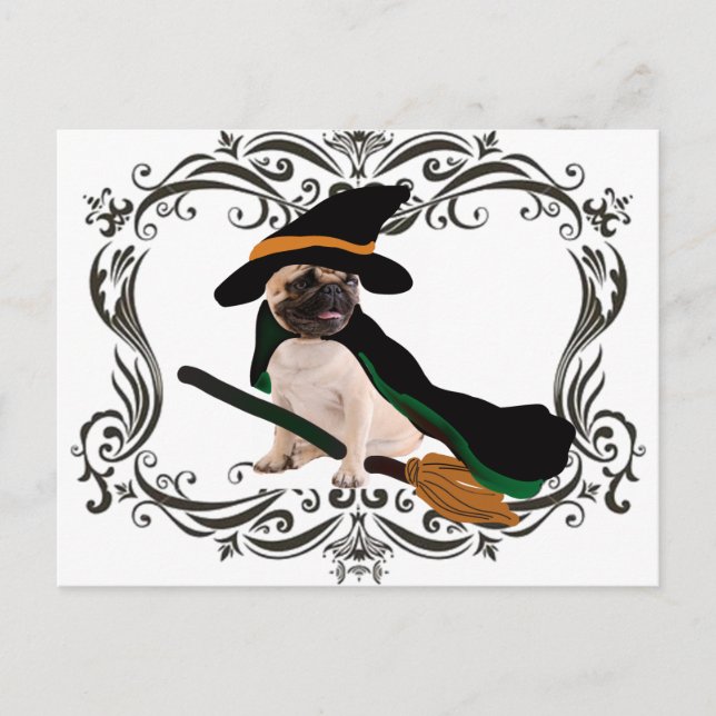 Carte Postale carlin de sorcière à balai volant halloween heureu (Devant)