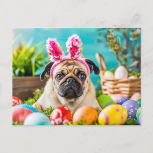 Carte Postale Carlin déguisé en lapin de Pâques avec des œufs