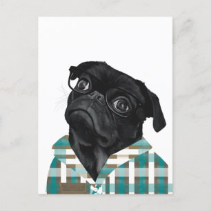Carte Postale Carlin noir adorable avec lunettes et chemise