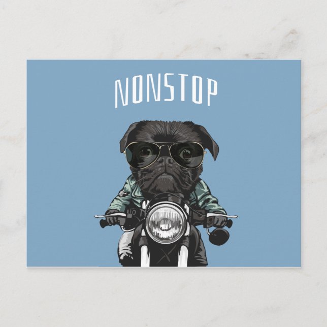 Carte Postale Carlin noir sur une illustration de moto (Devant)