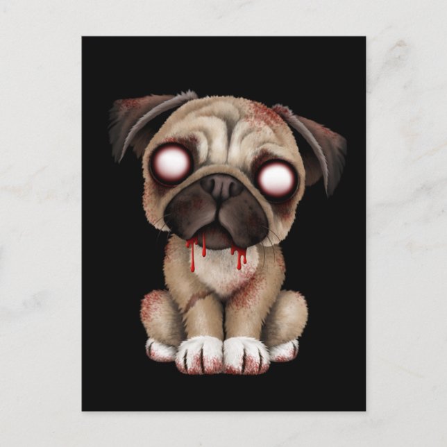 Carte Postale Carlin Zombie mignon Chien coquelicot sur Noir (Devant)