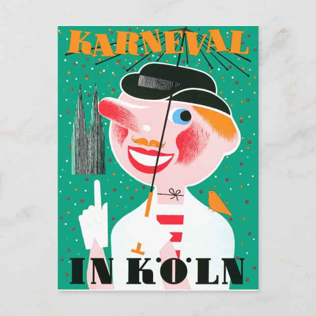 Carte Postale Carnaval à Cologne, homme heureux sous parapluie (Devant)