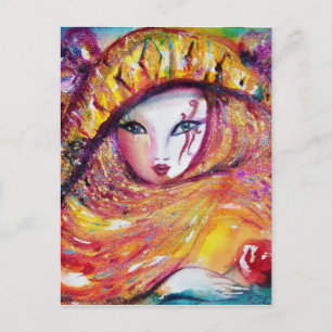 CARTE POSTALE CARNAVAL EN JAUNE AVEC ROSE ROUGE