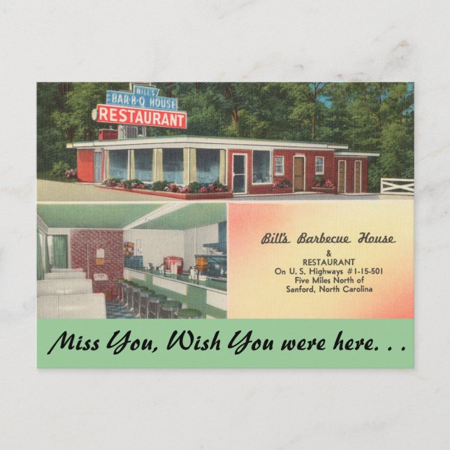 Carte Postale Caroline du Nord, Bill's Barbecue House, Sanford (Devant)