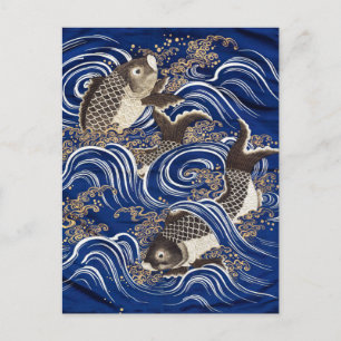 Carte Postale Carpe en Waves Japonais Koi Poisson Tapisserie de 