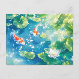 Carte Postale Carpes Koï Nageant dans un Bassin de Lotus Bleus É