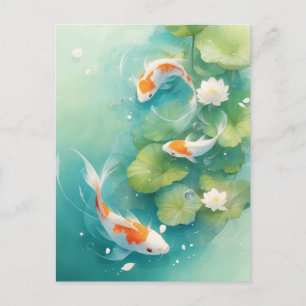 Carte Postale Carpes Koï Nageant dans un Étang de Lotus Turquois
