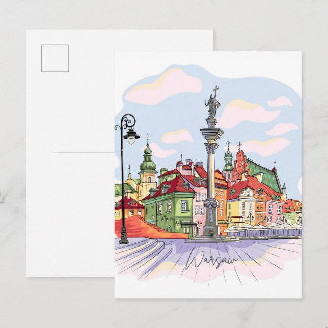Carte Postale Carré de château à Varsovie Pologne Illustration V (Devant / Derrière)
