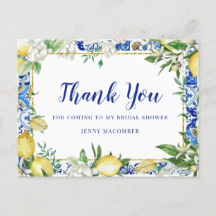 Carte Postale Carreau de mosaïque bleu floral blanc citron Merci