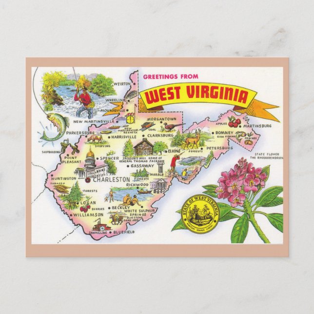 Carte postale Carte de l'État de Virginie-Occident (Devant)