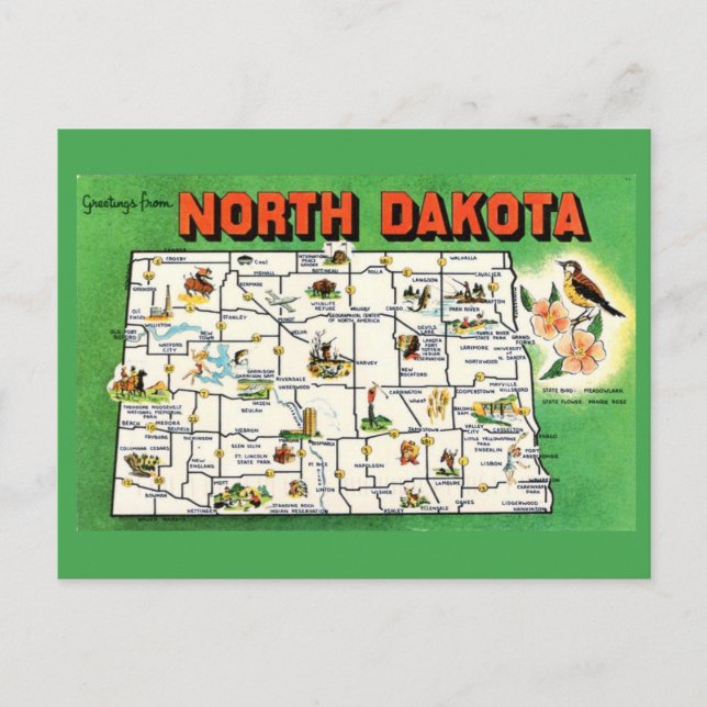 Carte postale Carte de l'État du Dakota du Nord (Devant)