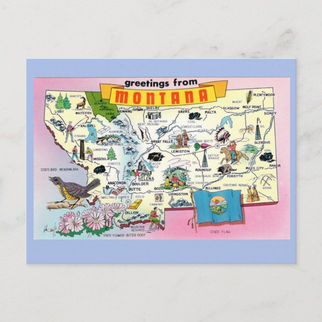 Carte postale Carte de l'état du Montana (Devant)