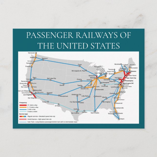 Carte postale Carte ferroviaire des États-Unis (Devant)