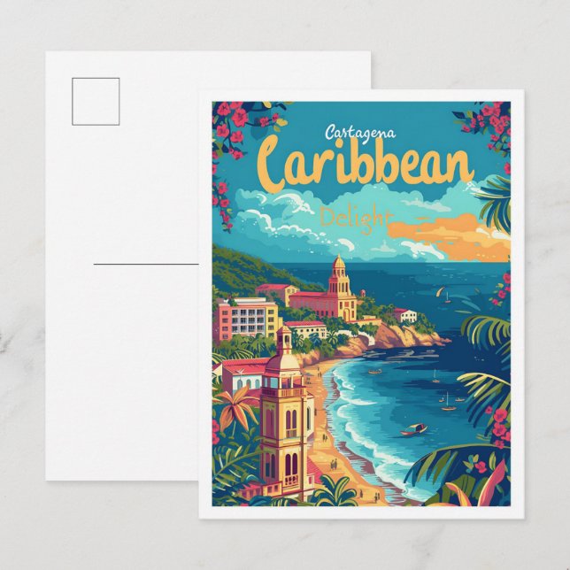 Carte Postale Carthagène Colombie Illustration de voyage d'art V (Devant / Derrière)