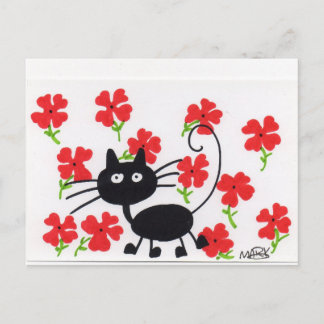 Carte Postale Cartographie Chat noir et fleurs rouges