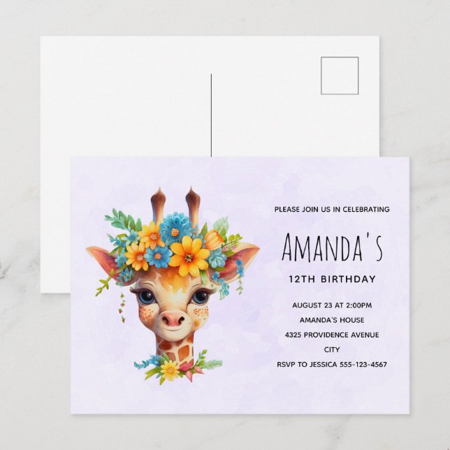 Carte Postale Carton d'invitation d'anniversaire avec une girafe (Devant / Derrière)