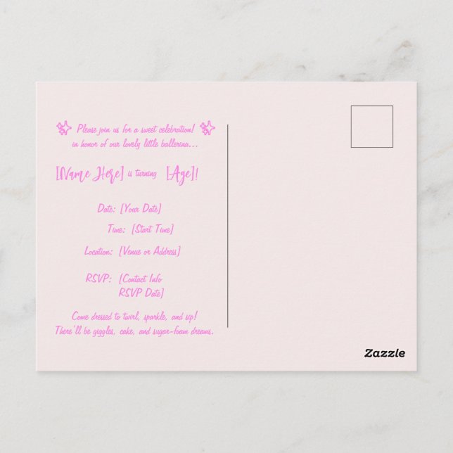 Carte Postale Carton d'invitation d'anniversaire Ballerine Cappu (Dos)