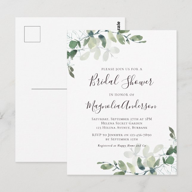 Carte Postale Carton d'invitation de douche de mariée au eucalyp (Devant / Derrière)