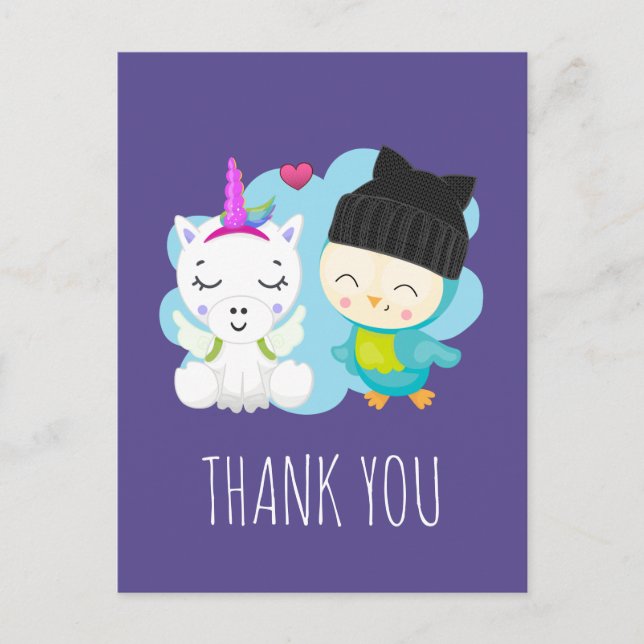 Carte Postale Carton mignon Unicorne et Merci d'oiseaux (Devant)