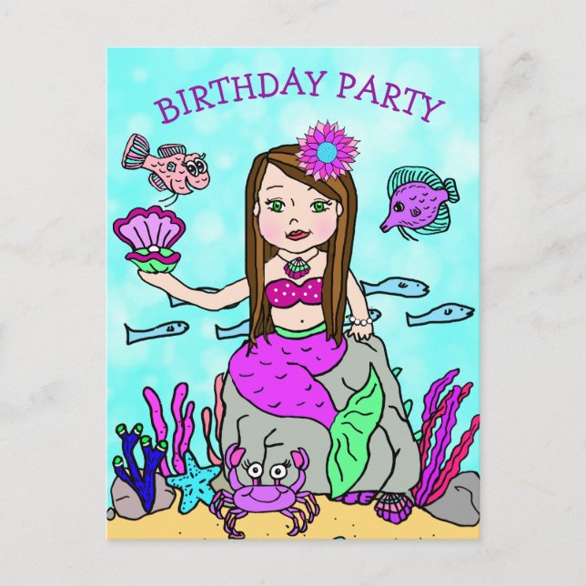 Carte Postale Cartons d'invitation d'anniversaire de sirène joli (Devant)