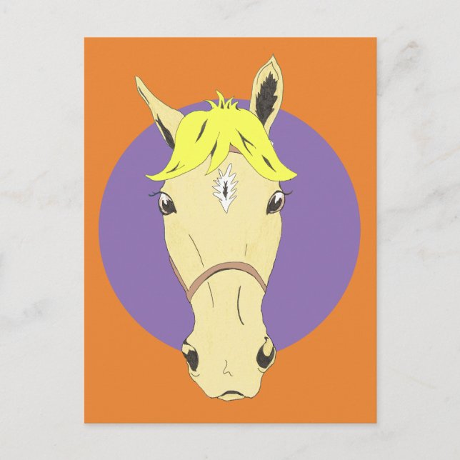Carte Postale Cartoon cheval visage sur violet et orange arrière (Devant)