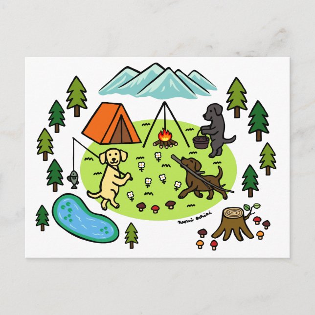 Carte Postale Cartoon du camping des Trois Labradors (Devant)