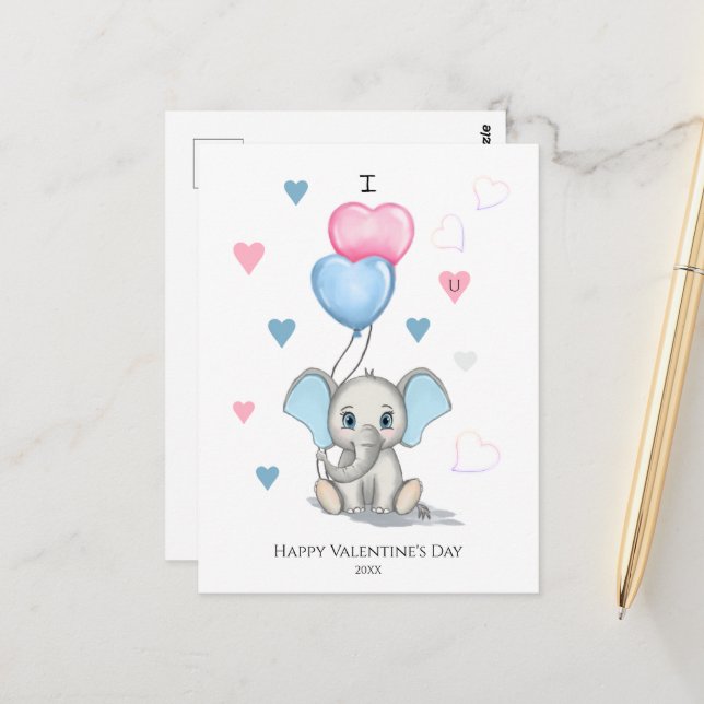 Carte Postale Cartoon Eléphant mignon | Personnalisé Valentine's (Devant/Arrière en situation)