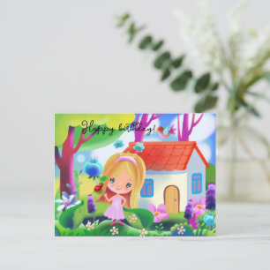Carte Postale Cartoon fille mignonne et maison de fées