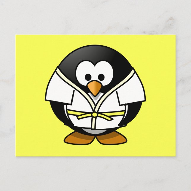 Carte Postale Cartoon Judo Penguin Arrière - plan jaune (Devant)