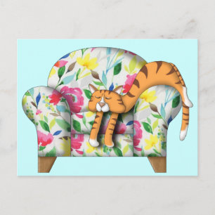 Carte Postale Cartoon Kitty dort sur une chaise à fleurs