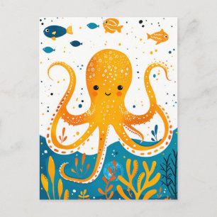 Carte Postale Cartoon Octopus jouant avec du poisson coloré