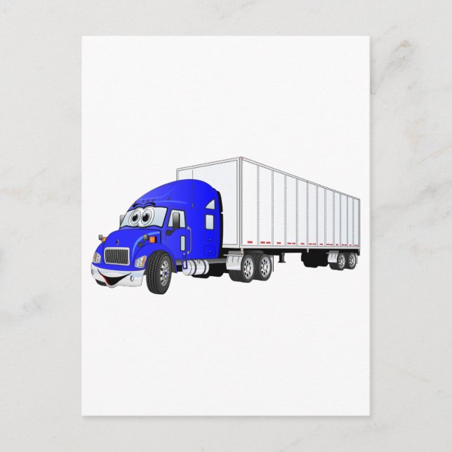 Carte Postale Cartoon semi-camion bleu blanc remorque (Devant)
