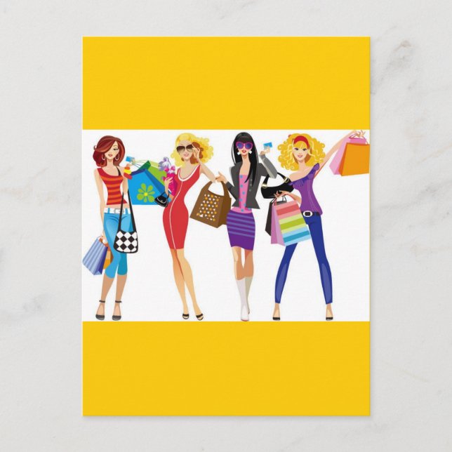 CARTE POSTALE CARTOON SHOPPPING FILLES VECTEURS STYLE MODE S'AMU (Devant)