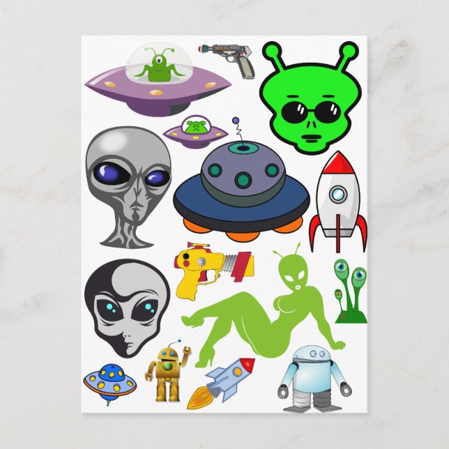 Carte Postale Cartoon Space Aliens Grays UFO Art Collage feuille (Devant)