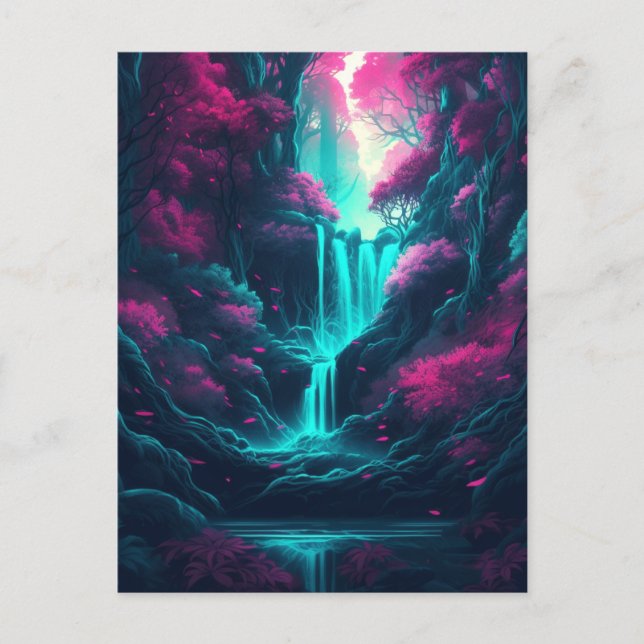 Carte Postale Cascade Paysage Forêt Imaginaire bleu rose (Devant)