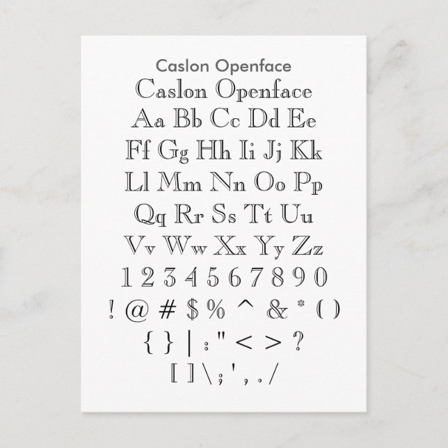 Carte Postale Caslon Openface - Feuille d'échantillonnage de pol (Devant)