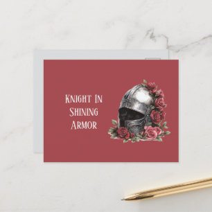 Carte Postale Casque de Chevalier en Armure Brillante Roses Roug